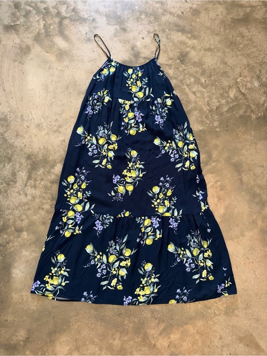 Time and Tru Dresses & Skirts - Time and Tru Navy Lemon Floral Adjustable Strap Midi Dress L Rayon